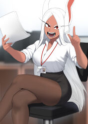 Rule 34 | 1girl, alternate costume, angry, animal ear fluff, animal ears, black skirt, blurry, blurry background, boku no hero academia, breasts, brown pantyhose, chair, collared shirt, commentary, crossed legs, dark-skinned female, dark skin, dress shirt, english commentary, feet out of frame, hands up, high-waist skirt, highres, holding, holding paper, id card, index finger raised, kritta88, lanyard, large breasts, long eyelashes, long hair, looking at viewer, mirko, office chair, office lady, open mouth, pantyhose, paper, parted bangs, pencil skirt, rabbit ears, rabbit girl, red eyes, shirt, shirt tucked in, short eyebrows, sitting, skirt, sleeves rolled up, solo, swivel chair, tongue, v-shaped eyebrows, very long hair, white hair, white shirt