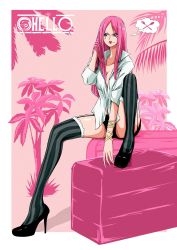 Rule 34 | 1girl, anti-eyebrow piercing, between legs, black footwear, border, bracelet, breasts, cleavage, hand between legs, hand in own hair, high heels, highres, jewelry, jewelry bonney, large breasts, lipstick, long hair, makeup, one piece, outside border, pink background, pink hair, sherumaru (korcht06), shirt, sitting, solo, striped clothes, striped thighhighs, thighhighs, thighs, white border, white shirt