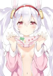 Rule 34 | 1girl, :&lt;, akashi (azur lane), animal ears, azur lane, blush, breasts, closed mouth, coat, commentary request, hairband, hands up, holding, holding clothes, holding panties, holding underwear, jacket, kani biimu, laffey (azur lane), long hair, long sleeves, looking at viewer, naked coat, navel, open clothes, open jacket, panties, pink jacket, print panties, rabbit ears, red hairband, silver hair, simple background, small breasts, solo, striped clothes, striped panties, twintails, underwear, unworn panties, upper body, very long hair, white background