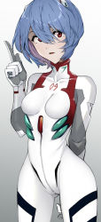 Rule 34 | 1girl, arm behind back, ayanami rei, blue hair, bodysuit, breasts, cameltoe, evangelion: 3.0+1.0 thrice upon a time, gluteal fold, gradient background, grey background, hair between eyes, hand up, highres, looking at viewer, neon genesis evangelion, open mouth, plugsuit, rebuild of evangelion, red eyes, short hair, small breasts, solo, standing, tight clothes, white bodysuit, yagisawa teru