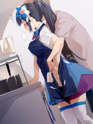 Rule 34 | 1boy, 1girl, aoi ch., black hair, blue neckwear, blush, bow, bowtie, chopsticks, closed eyes, cooking, fingering, fuji aoi, hair ornament, hand under clothes, heavy breathing, hetero, highres, holding, holding chopsticks, long hair, mole, mole under eye, ponytail, short sleeves, standing, thighhighs, uno ryoku, virtual youtuber, white thighhighs