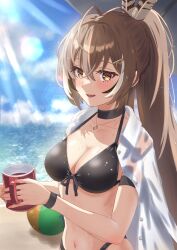 Rule 34 | 1girl, ahoge, alternate costume, ball, beach, beachball, bikini, black bikini, black choker, blue sky, blush, breasts, brown eyes, brown hair, chahanramen, choker, cleavage, cloud, cloudy sky, crossed bangs, cup, dress shirt, feather hair ornament, feathers, fingernails, hair ornament, hairclip, highres, holding, holding cup, hololive, hololive english, jewelry, lens flare, long hair, looking at viewer, medium breasts, mug, multicolored hair, nanashi mumei, navel, necklace, ponytail, sand, see-through, shirt, sky, smile, solo, streaked hair, sunlight, swimsuit, umbrella, unbuttoned, unbuttoned shirt, very long hair, virtual youtuber, water, white shirt