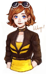 Rule 34 | 1girl, animification, arm behind back, avengers (series), avengers academy, bee costume, blue eyes, breasts, brown hair, character name, cleavage, cropped torso, facing viewer, goggles, goggles on head, highres, jacket, janet van dyne, looking at viewer, marvel, simple background, smile, solo, tatsuko (chenzi), upper body, wasp (marvel), white background