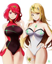 Rule 34 | 2girls, bad id, bad pixiv id, blonde hair, breasts, choker, cleavage, commentary, competition swimsuit, covered navel, dual persona, earrings, english commentary, female focus, gem, hair ornament, headpiece, highres, jewelry, large breasts, long hair, looking at viewer, matching hair/eyes, multiple girls, mythra (radiant beach) (xenoblade), mythra (xenoblade), nintendo, one-piece swimsuit, pyra (pro swimmer) (xenoblade), pyra (xenoblade), red eyes, red hair, short hair, simple background, skindentation, smile, standing, swimsuit, teeth, thigh strap, thighs, tiara, turtleneck, very long hair, white background, white neckwear, whitelie, xenoblade chronicles (series), xenoblade chronicles 2, yellow eyes