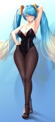 Rule 34 | 1girl, absurdres, arm behind head, armpits, bare shoulders, black footwear, black leotard, black pantyhose, blue eyes, blue hair, blush, breasts, center opening, cleavage, closed mouth, corset, covered navel, curvy, full body, gradient hair, high heels, highleg, highleg leotard, highres, huge filesize, large breasts, league of legends, leotard, long hair, looking at viewer, multicolored hair, narrow waist, naughty face, nose blush, novenine, pantyhose, playboy bunny, shadow, shoes, side-tie leotard, smile, solo, sona (league of legends), standing, strapless, strapless leotard, swept bangs, thighs, twintails, very long hair, wide hips, zoom layer
