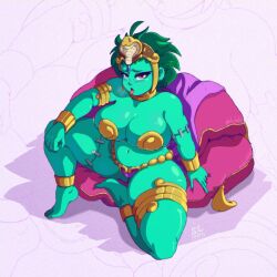 Rule 34 | 1girl, armor, barefoot, benbeau, bikini, bikini armor, blush, breasts, cleavage, collarbone, colored skin, green hair, green skin, highres, huge breasts, jewelry, looking at viewer, navel, open mouth, red eyes, rottytops, shantae (series), shiny skin, short hair, sitting, solo, swimsuit, thick thighs, thighs, tiara, tongue, tongue out, zombie