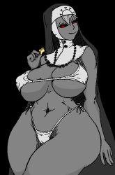 Rule 34 | 1girl, bikini, black background, black sclera, breasts, colored sclera, cowboy shot, cross, cross necklace, double (skullgirls), drawfag, greyscale, jewelry, large breasts, monochrome, navel, necklace, nun, red eyes, side-tie bikini bottom, skullgirls, smile, solo, spot color, swimsuit, thick thighs, thighs, wide hips