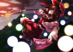 Rule 34 | 1girl, ascot, blurry, blurry background, bow, breasts, brown hair, commentary, full body, gohei, hair bow, hakurei reimu, looking at viewer, medium breasts, medium hair, ofuda, open mouth, outdoors, red bow, red shirt, red skirt, ribbon-trimmed skirt, ribbon-trimmed sleeves, ribbon trim, shide, shirt, skirt, solo, spell card, starraisins, touhou, yellow ascot