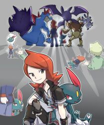 Rule 34 | alakazam, bat wings, bowing, claws, clenched hand, commentary request, creatures (company), crobat, fang, feraligatr, fingerless gloves, game freak, gen 1 pokemon, gen 2 pokemon, gengar, gloves, grey background, leg grab, magneton, male focus, multiple views, nintendo, official alternate costume, okiza yuuri, pokemon, pokemon (creature), pokemon hgss, pokemon masters ex, red hair, silver (pokemon), silver (sygna suit) (pokemon), sneasel, standing, tail, wings