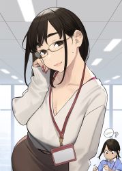 Rule 34 | 2girls, ?, bespectacled, blue shirt, blush, breasts, brown eyes, brown hair, brown skirt, cleavage, collarbone, commentary request, douki-chan (douki-chan), ganbare douki-chan, glasses, highres, id card, kouhai-chan (douki-chan), large breasts, lips, mole, mole on breast, mole under mouth, multiple girls, nail polish, office lady, pencil skirt, shirt, short hair, skirt, yomu (sgt epper)