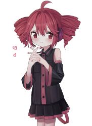 Rule 34 | 1girl, ahoge, black skirt, black sleeves, blush, closed mouth, commentary, cowboy shot, detached sleeves, drill hair, hands up, headset, heart, highres, interlocked fingers, kasane teto, neko yeye, own hands together, pleated skirt, red eyes, red hair, red nails, shirt, short hair, simple background, skirt, sleeveless, sleeveless shirt, smile, solo, standing, symbol-only commentary, twin drills, utau, white background