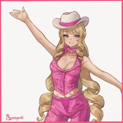 Rule 34 | 1girl, barbie (character), barbie (character) (cosplay), barbie (franchise), barbie (live action), blonde hair, blue eyes, bunnyoki, commentary, cosplay, cowboy hat, drill hair, english commentary, genshin impact, grin, hat, highres, long hair, navia (genshin impact), outstretched arms, pants, pink pants, pink scarf, pink shirt, scarf, shirt, sleeveless, sleeveless shirt, smile, solo, spread arms, swept bangs, very long hair