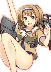Rule 34 | 10s, 1girl, arm up, breasts, brown eyes, clothes writing, hairband, i-26 (kancolle), kantai collection, light brown hair, long hair, looking at viewer, machinery, name tag, new school swimsuit, open clothes, open mouth, pallad, sailor collar, school swimsuit, short sleeves, smile, solo, swimsuit, swimsuit under clothes, two-tone hairband, two side up