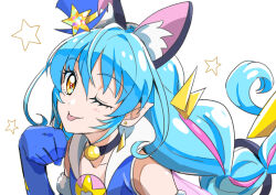 Rule 34 | 1girl, ;p, absurdres, animal ears, bell, blue gloves, blue hair, blush, braid, cat ears, cure cosmo, gloves, hat, highres, long hair, magical girl, mini hat, mini top hat, neck bell, one eye closed, pointy ears, precure, smile, solo, star twinkle precure, tongue, tongue out, top hat, tsukikage oyama, twin braids, yellow eyes, yuni (precure)