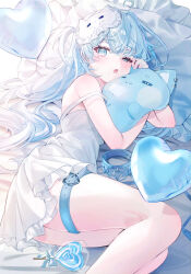 Rule 34 | 1girl, ;o, absurdres, balloon, bare shoulders, blue eyes, blue hair, candy, curled up, dress, feet out of frame, food, half-closed eyes, hands up, haruhiruri, highres, hugging object, lollipop, long hair, looking at viewer, lying, mask, mask on head, nesoberi, on bed, on side, one eye closed, original, pajamas, rinetto kyandie, shirt, sleepy, solo, tearing up, thigh strap, thighs, very long hair, white dress