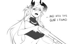 Rule 34 | ..., 1girl, aiko (less), bare shoulders, black sclera, breasts, colored sclera, demon girl, demon horns, english text, greyscale, gun, hair between eyes, highres, holding, holding gun, holding weapon, horns, jewelry, large breasts, less, meme, monochrome, navel, necklace, original, pointy ears, pump action, shotgun, simple background, sleeveless, solo, teeth, tongue, upper body, weapon, white background