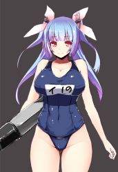 Rule 34 | 10s, 1girl, blue hair, breasts, cleavage, female focus, hair ornament, hair ribbon, i-19 (kancolle), ishimiso (ishimura), kantai collection, large breasts, long hair, looking at viewer, name tag, one-piece swimsuit, red eyes, ribbon, school swimsuit, simple background, smile, solo, swimsuit, torpedo, twintails