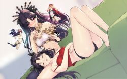 4girls armlet ass black_hair black_panties black_ribbon blonde_hair breasts camisole commission detached_sleeves dynamitenatalia earrings emiya_shirou ereshkigal_(fate) fate/grand_order fate/stay_night fate_(series) genderswap genderswap_(mtf) hair_ribbon highres hoop_earrings ishtar_(fate) jewelry long_hair lying medium_breasts mixed-language_commentary multiple_girls navel neck_ring on_back panties parted_bangs red_camisole red_eyes ribbon single_detached_sleeve single_thighhigh sleeping thighhighs tiara tohsaka_rin two_side_up underwear