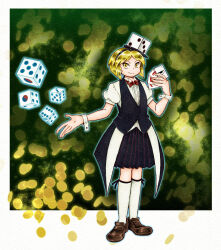 Rule 34 | 1other, androgynous, black hairband, black skirt, black vest, blonde hair, bow, bowtie, brown footwear, card, chikafumikou, closed mouth, commentary, dice, dice hair ornament, full body, hair ornament, hairband, highres, holding, holding card, kneehighs, len&#039;en, other focus, pleated skirt, puffy short sleeves, puffy sleeves, red bow, red bowtie, shirt, short hair, short sleeves, skirt, smile, socks, solo, vest, white shirt, white socks, white wrist cuffs, wrist cuffs, xeno a, yellow eyes