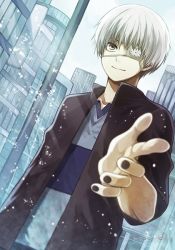 Rule 34 | 1boy, angel31424, black jacket, black nails, building, city, collarbone, commentary request, day, eyepatch, fingernails, jacket, kaneki ken, looking at viewer, male focus, multicolored shirt, nail polish, one eye covered, open clothes, open jacket, pointing, red eyes, shirt, short hair, sky, skyscraper, smile, solo, tokyo ghoul, upper body, white hair