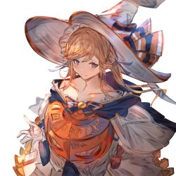 Rule 34 | 1girl, bare shoulders, blue eyes, blush, brown hair, cape, closed mouth, collarbone, commentary request, cucouroux (granblue fantasy), cucouroux (halloween) (granblue fantasy), gloves, granblue fantasy, hat, highres, long hair, looking at viewer, simple background, skirt, solo, tota (sizukurubiks), twintails, white background, white cape, white gloves, white hat, white skirt, witch hat