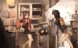 Rule 34 | 2girls, amami haruka, ankle boots, antenna hair, backpack, bag, black eyes, black hair, black jacket, black legwear, black skirt, blouse, boots, bow, bowl, box, brown footwear, brown hair, brown shorts, cabinet, collared shirt, commentary request, cup, cylinder, display case, drawer, drawing (object), eye contact, fabric, floral print, from side, green eyes, hair between eyes, hair bow, handbag, hands up, heart, highres, idolmaster, idolmaster (classic), indoors, jacket, charm (object), kikuchi makoto, lamp, leaning on object, leg up, long sleeves, looking at another, miniskirt, multiple girls, open clothes, open jacket, open mouth, open shirt, oven mitts, plaid, plaid shirt, plate, plate stack, pleated skirt, polka dot, print bag, red shirt, shelf, shirt, shoes, shop, shopping, short hair, shorts, shoulder bag, sidelocks, skirt, smile, socks, standing, standing on one leg, striped, stuffed animal, stuffed cat, stuffed toy, turu, vertical stripes, wall, watch, white shirt, wristband, wristwatch, yellow bow
