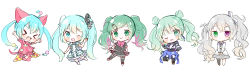 Rule 34 | &gt; &lt;, 25-ji miku, 25-ji nightcord de. (project sekai), 5girls, :d, ;d, absurdres, animal ears, aobahosino, arm at side, arms up, black hoodie, black legwear, black ribbon, black skirt, bloomers, blue dress, blue hair, blue skirt, blush stickers, bow, bowtie, buttons, cat ears, cat tail, checkered clothes, checkered dress, chibi, clenched hands, clothing cutout, collared dress, double-breasted, dress, earrings, expressionless, fang, feet up, full body, green eyes, green hair, grey hair, hair between eyes, hair ornament, hair rings, hand on own hip, hand up, happy, hatsune miku, head tilt, heterochromia, highres, hood, hood down, hoodie, hoop earrings, idol, idol clothes, index finger raised, jewelry, layered dress, leo/need (project sekai), leo/need miku, lineup, long hair, looking at viewer, more more jump! (project sekai), more more jump! miku, multicolored hair, multiple girls, multiple persona, neck ribbon, no nose, one eye closed, open mouth, paperclip hair ornament, pink bow, pink bowtie, pink hair, pink legwear, pink ribbon, pleated skirt, pom pom (clothes), pom pom hair ornament, project sekai, purple eyes, red bloomers, red dress, ribbon, short dress, simple background, single horizontal stripe, single thighhigh, skirt, smile, star cutout, streaked hair, striped clothes, striped dress, swept bangs, tail, thighhighs, traditional bowtie, twintails, underwear, v-shaped eyebrows, v arms, vertical-striped clothes, vertical-striped dress, very long hair, vivid bad squad (project sekai), vivid bad squad miku, vocaloid, waving, white background, white dress, white footwear, white ribbon, wing collar, wonderlands x showtime (project sekai), wonderlands x showtime miku, zettai ryouiki