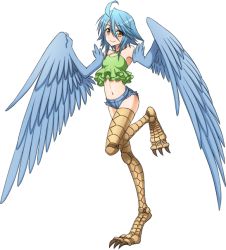 Rule 34 | 1girl, ahoge, artist request, bare shoulders, bird legs, blue hair, breasts, denim, denim shorts, feathered wings, feathers, frills, green shirt, hair between eyes, harpy, medium hair, midriff, monster girl, monster musume no iru nichijou, monster musume no iru nichijou online, navel, official art, papi (monster musume), shirt, short shorts, shorts, sidelocks, small breasts, smile, solo, standing, standing on one leg, talons, transparent background, winged arms, wings, yellow eyes