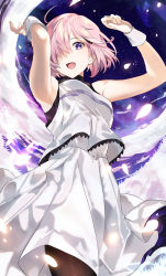 Rule 34 | 1girl, armpits, arms up, bad id, bad twitter id, bare shoulders, brown pantyhose, commentary, dress, fate/grand order, fate (series), formal, hair over one eye, highres, light purple hair, looking at viewer, mash kyrielight, mash kyrielight (under the same sky), official alternate costume, one eye covered, open mouth, pantyhose, petals, purple eyes, ruz00141, short hair, sleeveless, sleeveless dress, smile, solo, white dress, wrist cuffs