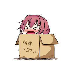 Rule 34 | &gt; &lt;, 10s, 1girl, 2017, absurdres, blush, box, cardboard box, chibi, dated, closed eyes, hatsuzuki 527, highres, in box, in container, kantai collection, kinu (kancolle), nose blush, open mouth, red hair, simple background, solo, translated, twitter username, white background