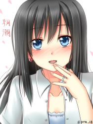 Rule 34 | 10s, 1girl, alternate costume, asashio (kancolle), black hair, blue eyes, blush, dress, earrings, fingernails, hanazome dotera, hand to own mouth, jewelry, kantai collection, lips, long hair, looking at viewer, open mouth, portrait, ring, solo, wedding band, wedding dress, wedding ring