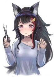 Rule 34 | 1girl, animal ear fluff, animal ears, black choker, black hair, blunt bangs, blush, breasts, choker, clothing cutout, commentary, enumiyaa, hair ornament, holding, holding scissors, hololive, long hair, long sleeves, looking at viewer, medium breasts, multicolored hair, ookami mio, ookami mio (casual), open mouth, ponytail, red eyes, red hair, scissors, shirt, shoulder cutout, simple background, solo, streaked hair, two-tone hair, upper body, virtual youtuber, white background, white shirt, wolf ears