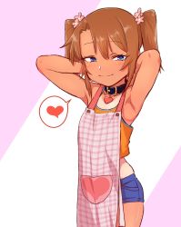 Rule 34 | 1girl, apron, armpits, arms behind back, blue eyes, brown hair, camisole, collar, ebisujima misato, flower, hair flower, hair ornament, heart, heart necklace, highres, jewelry, looking at viewer, necklace, original, short shorts, shorts, simple background, smile, solo, spoken heart, tan, tanline, twintails, tying apron, yuma (ebisujima misato)