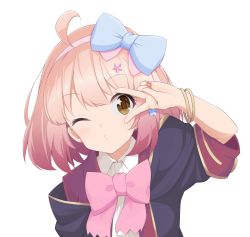 Rule 34 | 1girl, ahoge, blue bow, blush, bow, bowtie, bracelet, brown eyes, chieru (princess connect!), hair bow, hairband, hand up, highres, jewelry, long sleeves, looking at viewer, maruta (denmasked), one eye closed, pink bow, pink bowtie, pink hair, pink hairband, princess connect!, short hair, simple background, solo, upper body, v, white background