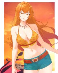 Rule 34 | 1girl, absurdres, bare arms, bare shoulders, belt, belt buckle, border, breasts, brown belt, buckle, cleavage, closed mouth, cloud, cloudy sky, commission, cowboy shot, crop top, cutoffs, denim, denim shorts, hair between eyes, highres, jewelry, joy (shenmue), large breasts, light smile, long hair, looking at viewer, midriff, motor vehicle, motorcycle, navel, necklace, orange background, orange eyes, orange hair, outdoors, second-party source, shenmue, shenmue ii, shenmue the animation, shorts, sidelocks, sky, solo, sunset, thighs, truejekart, white border