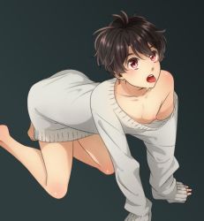 Rule 34 | 10s, 1boy, aldnoah.zero, androgynous, bad id, bad twitter id, barefoot, black background, bottomless, brown hair, drooling, kaizuka inaho, male focus, nipple slip, nipples, red eyes, seiran (blue-orchid), solo, sweater