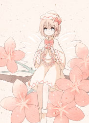 Rule 34 | 1girl, aaaabo, blonde hair, blue eyes, branch, capelet, dress, fairy wings, female focus, flower, hair flower, hair ornament, hat, highres, holding, holding flower, lily white, long sleeves, looking at viewer, mini person, minigirl, nature, no pupils, short hair, sitting, smile, socks, solo, touhou, white dress, wide sleeves, wings, wreath