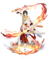 Rule 34 | 1boy, absurdres, alternate costume, arm at side, black hair, black pants, bottle, chinese clothes, closed mouth, curtained hair, fire, flaming sword, flaming weapon, full body, gold trim, hair between eyes, highres, holding, holding bottle, holding sword, holding weapon, hongmao and lantu, long sleeves, looking at viewer, male focus, official art, outstretched arm, pants, pelvic curtain, pyrokinesis, qiabeibei, red sash, reverse grip, robe, sash, see-through, short hair, simple background, smile, smoke, solo, standing, sword, taibai duck (the tale of food), tassel, the tale of food, weapon, weibo logo, weibo watermark, white background, white footwear, white robe, yaopei, yellow eyes