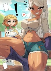 Rule 34 | !, 2girls, absurdres, animal, blue shorts, blush, boku no hero academia, boots, braid, breasts, cleavage, cloud, collarbone, corn, corny (tony welt), crescent print, dark skin, denim, denim shorts, farmer, fence, food-themed clothes, gloves, grass, green eyes, grin, hat, heart, highres, holding, holding animal, large breasts, long hair, long sleeves, looking at viewer, midriff, mirko, multiple girls, navel, open mouth, original, overalls, personification, print shorts, purple footwear, purple gloves, rabbit, rabbit ears, rabbit girl, red eyes, red hair, shirt, shorts, sky, smile, sparkle, speech bubble, spoken heart, standing, teeth, thick thighs, thighs, tied shirt, tony welt, tree, twin braids, white hair, white shirt, wooden fence, yellow hat, yellow overalls