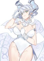 Rule 34 | 1girl, breasts, demon girl, demon wings, detached collar, duel monster, earrings, female focus, grey eyes, grey hair, highres, jewelry, large breasts, leotard, looking at viewer, lovely labrynth of the silver castle, low wings, nernnernneru, pointy ears, revealing clothes, short hair, tagme, topless, transparent wings, white leotard, wings, yu-gi-oh!