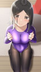 Rule 34 | 1girl, black hair, blurry, blurry background, blush, breast lift, breasts, brown eyes, brown pantyhose, closed mouth, collarbone, commentary request, depth of field, dumbbell nan kilo moteru?, fingernails, gurande (g-size), highres, indoors, leotard, long hair, long sleeves, looking at viewer, medium breasts, mole, mole under eye, no shoes, on floor, pantyhose, parted bangs, purple leotard, seiza, sitting, smile, solo, tachibana satomi, thighband pantyhose, thighs, v-shaped eyebrows, wooden floor