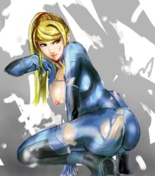 Rule 34 | 1girl, arm support, ass, blonde hair, blood, blue eyes, bodysuit, breasts, large breasts, long hair, metroid, metroid: zero mission, nintendo, nipples, open clothes, open shirt, ponytail, samus aran, shirt, solo, spandex, squatting, torn clothes, zero suit