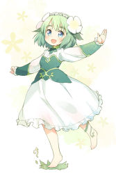 Rule 34 | 1girl, :d, aqua eyes, barefoot, blush, child, dress, flower, green hair, hair flower, hair ornament, kinoko-san, kito (sorahate), open mouth, original, outstretched arms, smile, solo, spread arms