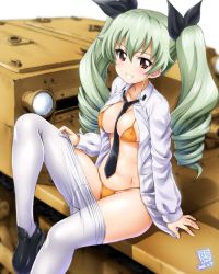 Rule 34 | 10s, 1girl, anchovy (girls und panzer), anzio school uniform, arm support, between breasts, bikini, bikini under clothes, blush, breasts, brown eyes, carro veloce cv-33, cleavage, clothes pull, collarbone, covered erect nipples, dated, dress shirt, drill hair, girls und panzer, green hair, grin, hair ribbon, kamogawa tanuki, loafers, long hair, long sleeves, looking at viewer, medium breasts, military, military vehicle, motor vehicle, necktie, necktie between breasts, orange bikini, pantyhose, pantyhose pull, ribbon, school uniform, shirt, shoes, signature, sitting, smile, solo, swimsuit, tank, twin drills, white pantyhose, white shirt