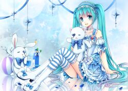 Rule 34 | 1girl, absurdres, aqua eyes, aqua hair, boots, bottle, cat, commentary request, crossed legs, glass, gyaza, hatsune miku, headdress, highres, lolita fashion, long hair, petals, photoshop (medium), rabbit, sitting, skirt, solo, striped clothes, striped thighhighs, stuffed animal, stuffed cat, stuffed rabbit, stuffed toy, sweet lolita, thighhighs, twintails, very long hair, vocaloid