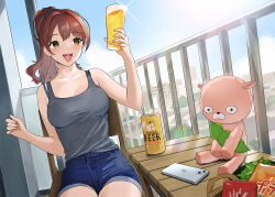 Rule 34 | 1girl, alcohol, arm up, balcony, bare arms, bare shoulders, basket, beer, beer can, beer glass, black scrunchie, black tank top, blue sky, blush, bra strap, breasts, brown hair, can, cellphone, chair, city, cityscape, cloud, cloudy sky, cup, denim, denim shorts, doushimasho, drink can, hair ornament, hair scrunchie, holding, holding cup, leaf, long hair, medium breasts, nail polish, open mouth, original, outdoors, phone, pink nails, railing, scrunchie, shorts, sitting, sky, sleeveless, smartphone, solo, stuffed animal, stuffed toy, table, tank top, teddy bear, teeth, thighs, upper teeth only, wooden chair, wooden table, yellow eyes
