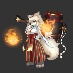 Rule 34 | 1girl, aiming, aiming at viewer, animal ears, barefoot, bell, breasts, cleavage, facial mark, fire, foreshortening, fox ears, fox girl, fox tail, from side, frown, fullbokko heroes, furry, furry female, grey background, hakama, hakama skirt, hip vent, hitodama, japanese clothes, jewelry, long hair, looking at viewer, looking to the side, mallet, medium breasts, miko, necklace, obi, open hand, over shoulder, oversized object, ponytail, red eyes, ribbon-trimmed sleeves, ribbon trim, rope, sash, shimenawa, silver hair, simple background, skirt, solo, suke (158628), tail, torii hair ornament, very long hair, wide sleeves