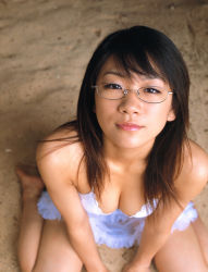 Rule 34 | 1girl, asian, bare shoulders, breasts, brown eyes, brown hair, cleavage, closed mouth, dress, female focus, from above, glasses, lace, long hair, looking at viewer, looking up, photo (medium), real life, sitting, smile, solo, tokito ami, wariza