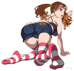 Rule 34 | 10s, 1girl, :o, all fours, anjou naruko, ano hi mita hana no namae wo bokutachi wa mada shiranai., ass, brown eyes, brown hair, denim, earrings, feet, foreshortening, from behind, hair ornament, hairclip, highres, jewelry, long hair, looking back, no shoes, revision, short shorts, shorts, simple background, solo, star (symbol), striped clothes, striped thighhighs, suna (sandworks), thighhighs, twintails, white background
