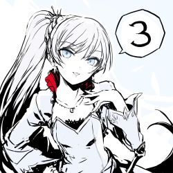 Rule 34 | blazblue, blazblue: cross tag battle, blouse, blue eyes, cropped jacket, dress, earrings, grey eyes, high collar, jewelry, lace, lace-trimmed skirt, lace trim, long sleeves, myrtenaster, necklace, official art, pendant, petticoat, ponytail, roosterteeth, rwby, scar, scar across eye, scar on face, shirt, side ponytail, skirt, solo, strapless, strapless dress, tiara, weiss schnee, white dress, white hair, white shirt, wide sleeves